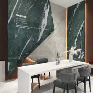Custom Sintered Stone Island Counter – Luxury Green Marble Reception Table for Showroom, Office, and Kitchen Design