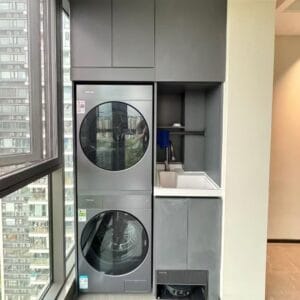 Custom Sintered Stone and Aluminum Balcony Cabinet – Modern Laundry Storage Unit with Sink for Apartments, Villas, and Commercial Projects